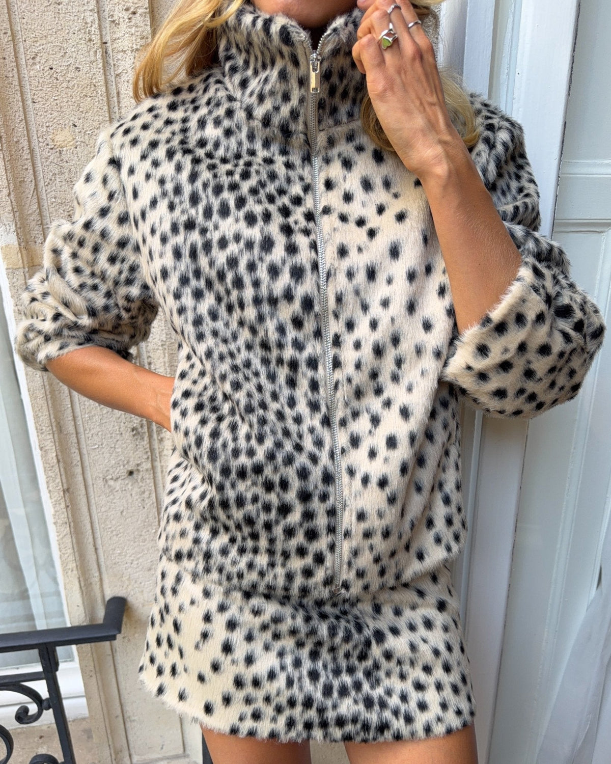 Leopard Faux Fur Jacket & Mini Skirt Set